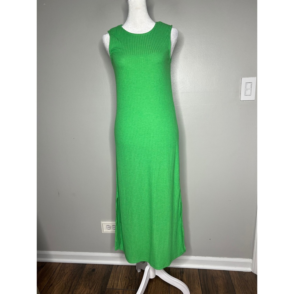 Pieces Accessories Kelly Green Ribbed Sleeveless Midi Maxi Dress Side Slit Small